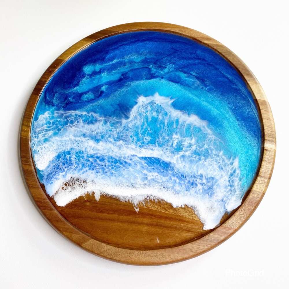 Resin Beach Art Wooden Lazy Susan Functional Decor